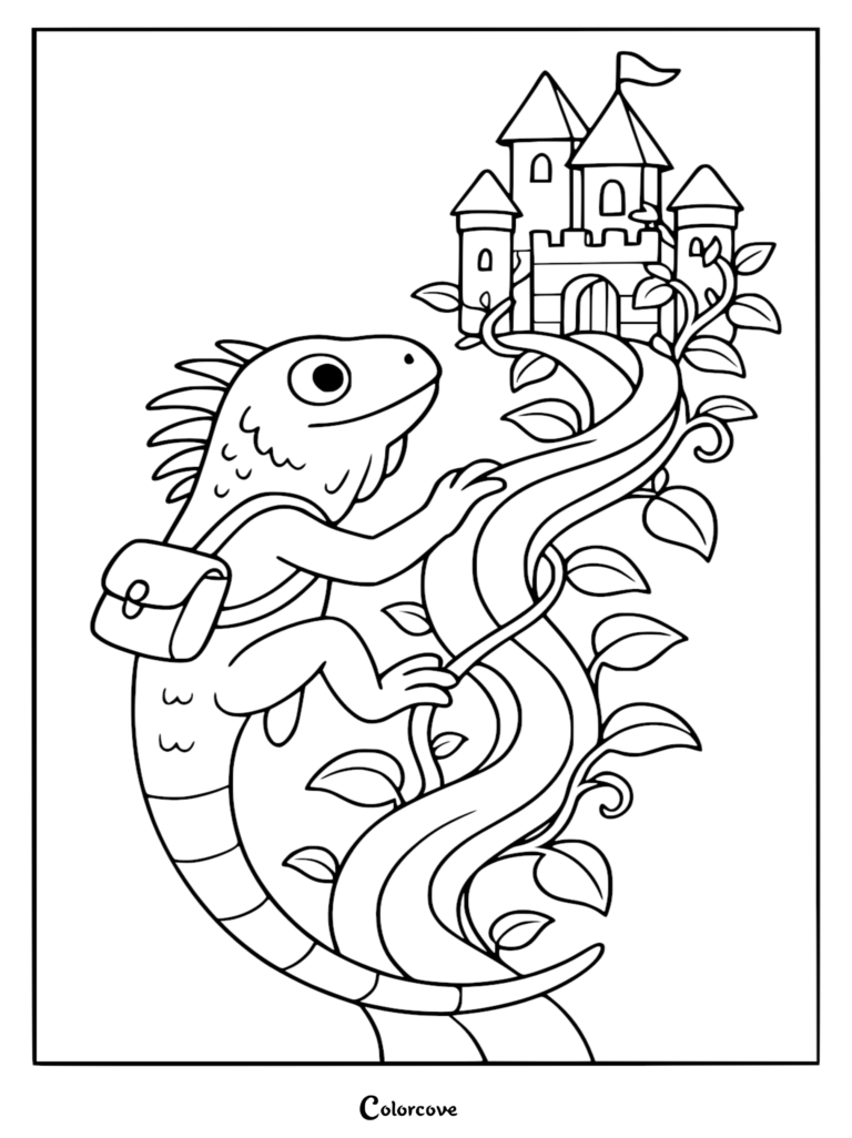 A friendly Fun Iguana wearing a backpack climbing a winding vine toward a fairytale castle in this printable coloring page.