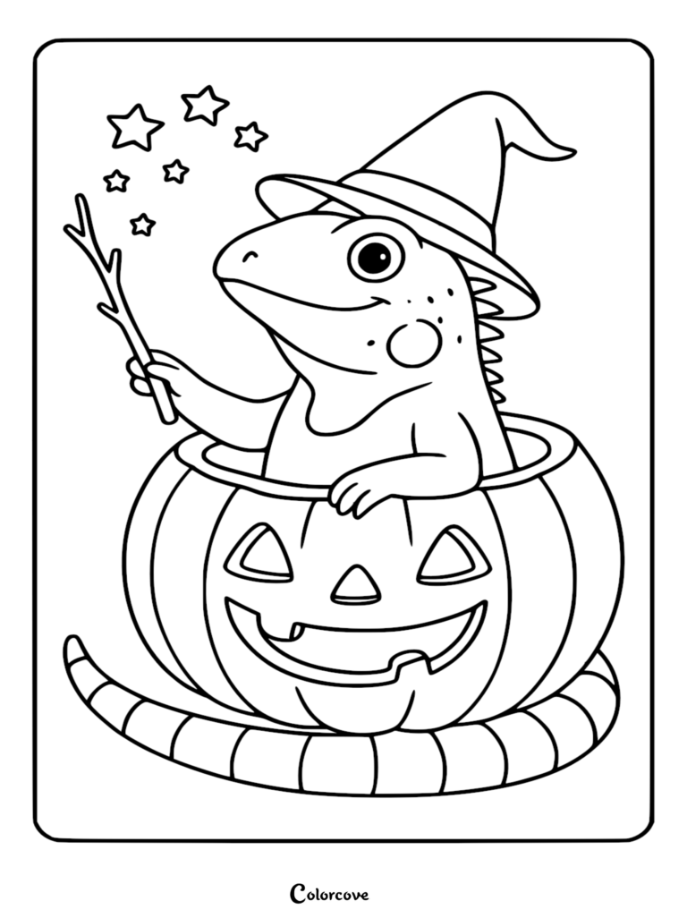 A fun iguana wearing a witch hat sits inside a jack-o'-lantern holding a magic wand with stars, printable coloring page.