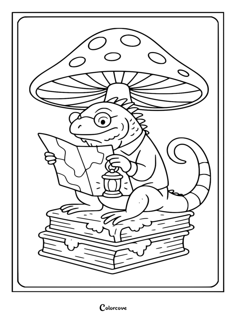 An adventurous Fun Iguana wearing glasses sits on a stack of books reading a world map while holding a lantern under a large mushroom, coloring page style line art.