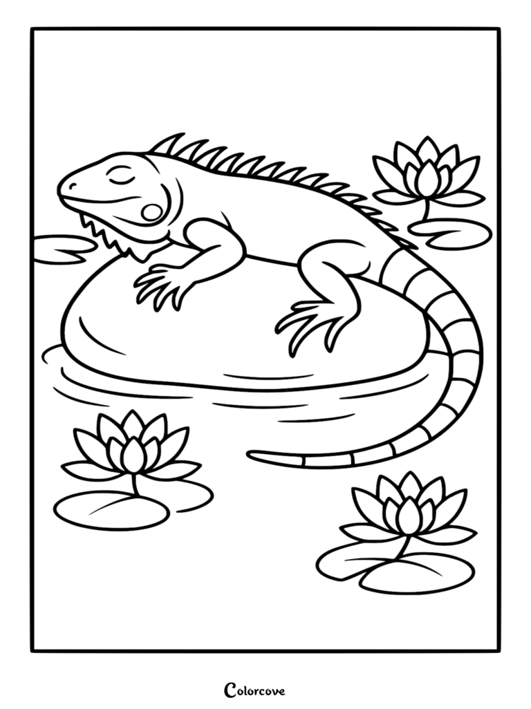 A fun iguana resting on a large lily pad with blooming lotus flowers, black and white printable coloring page.