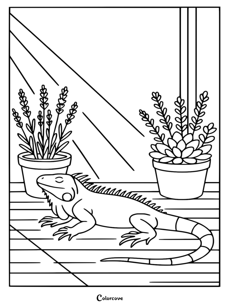A relaxing fun iguana coloring page featuring a lizard resting on a wooden floor between potted lavender and a succulent plant by a sunny window.