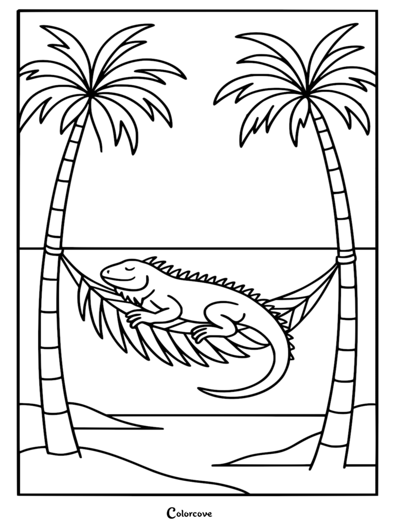 A printable Fun Iguana coloring page featuring a happy iguana sleeping in a palm leaf hammock suspended between two tropical palm trees.