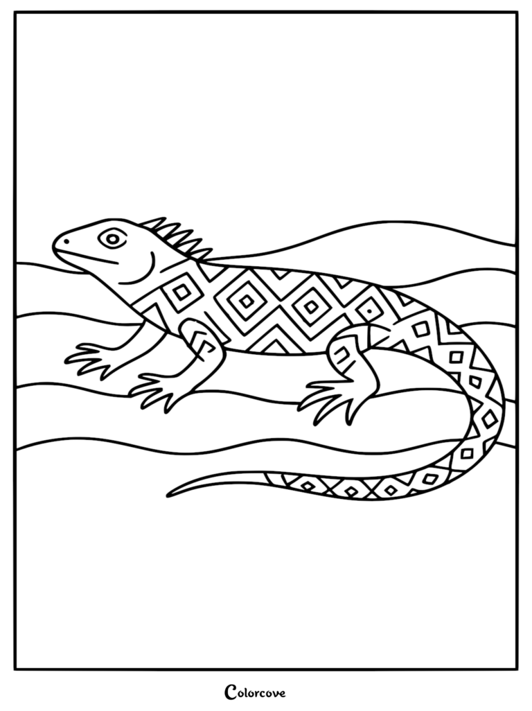 An iguana featuring geometric diamond patterns on its body, resting on wavy lines in this printable coloring page.