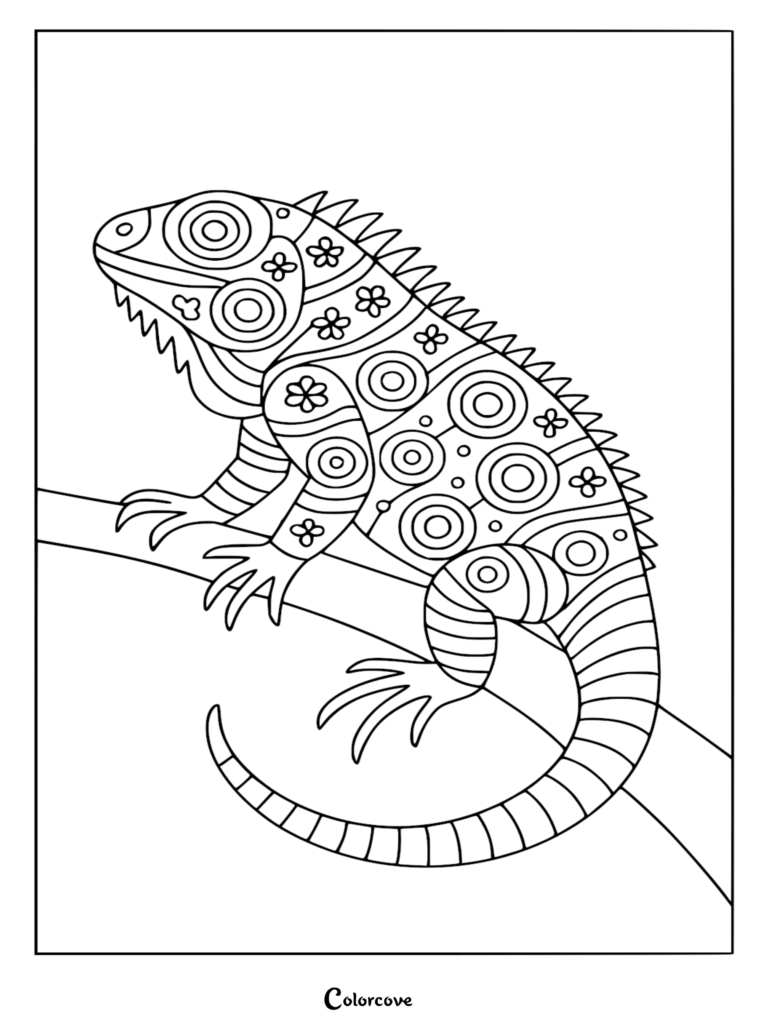 A Zentangle-style iguana coloring page featuring detailed patterns of circles and four-petaled flowers, perched on a branch.