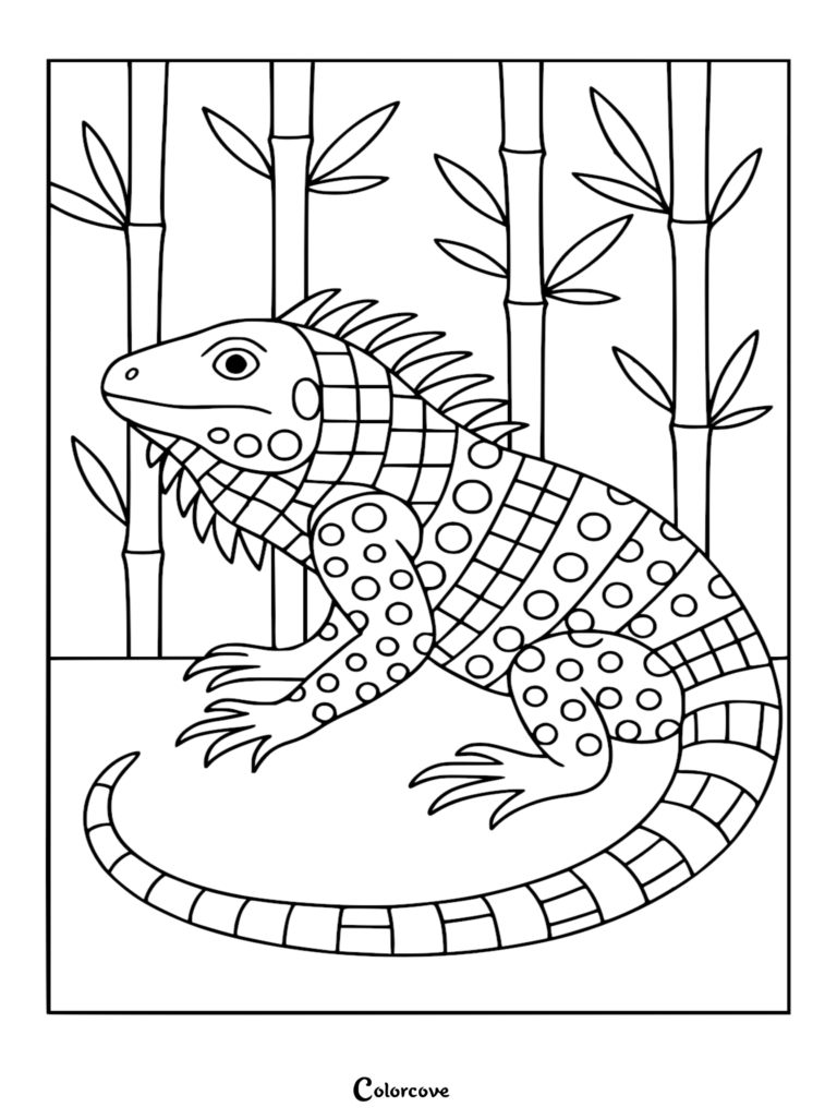 A printable coloring page featuring a patterned iguana with circle and grid designs, standing in front of tall bamboo stalks.