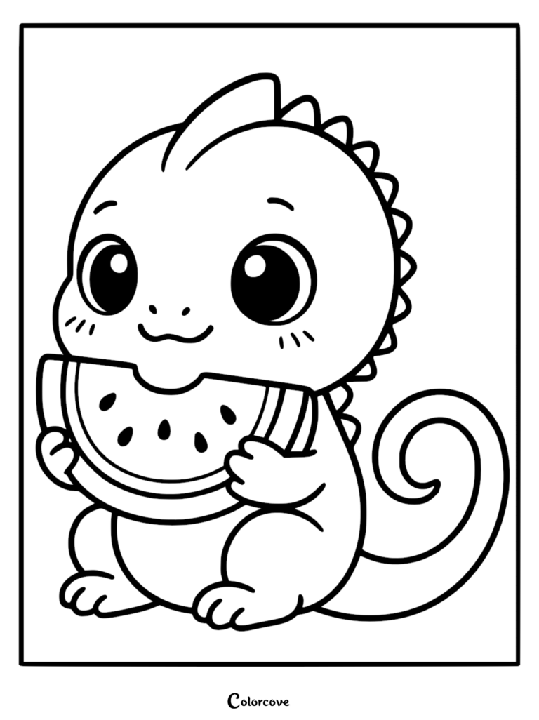 Cute baby fun iguana holding a large slice of watermelon, detailed line art coloring page.