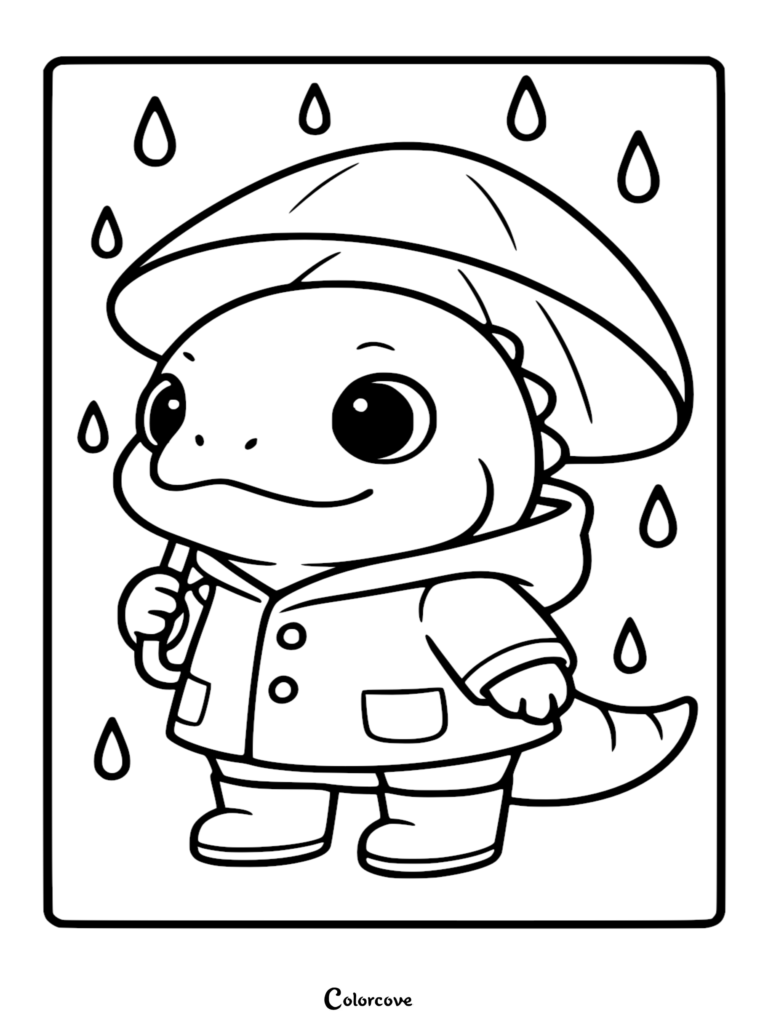 A cute Fun Iguana standing in the rain, wearing a yellow raincoat and boots while holding a large umbrella, black and white line art coloring page.