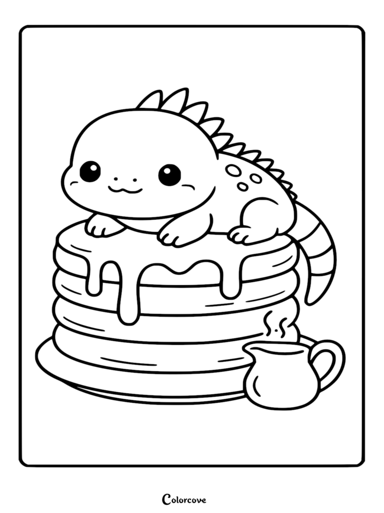 A cute, chibi-style Fun Iguana resting on top of a tall stack of syrup-drenched pancakes with a small pitcher of syrup nearby, presented as a printable line art coloring page.