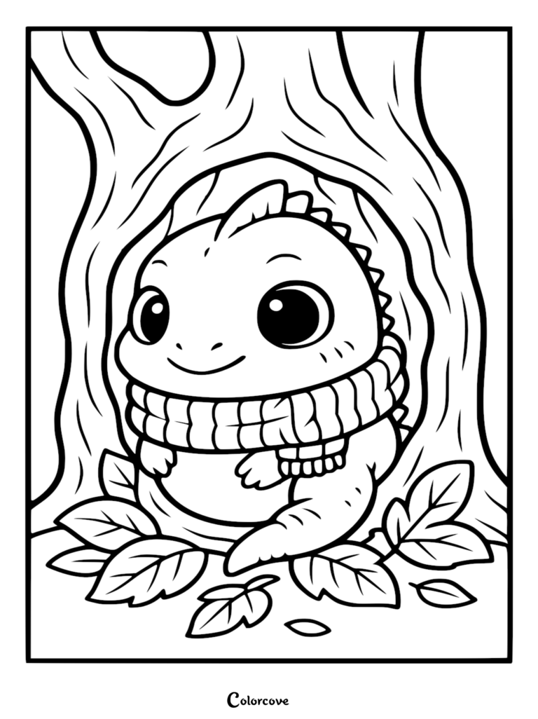 A cute Fun Iguana wearing a striped scarf sitting inside a hollow tree trunk with fallen leaves, simple line art coloring page.