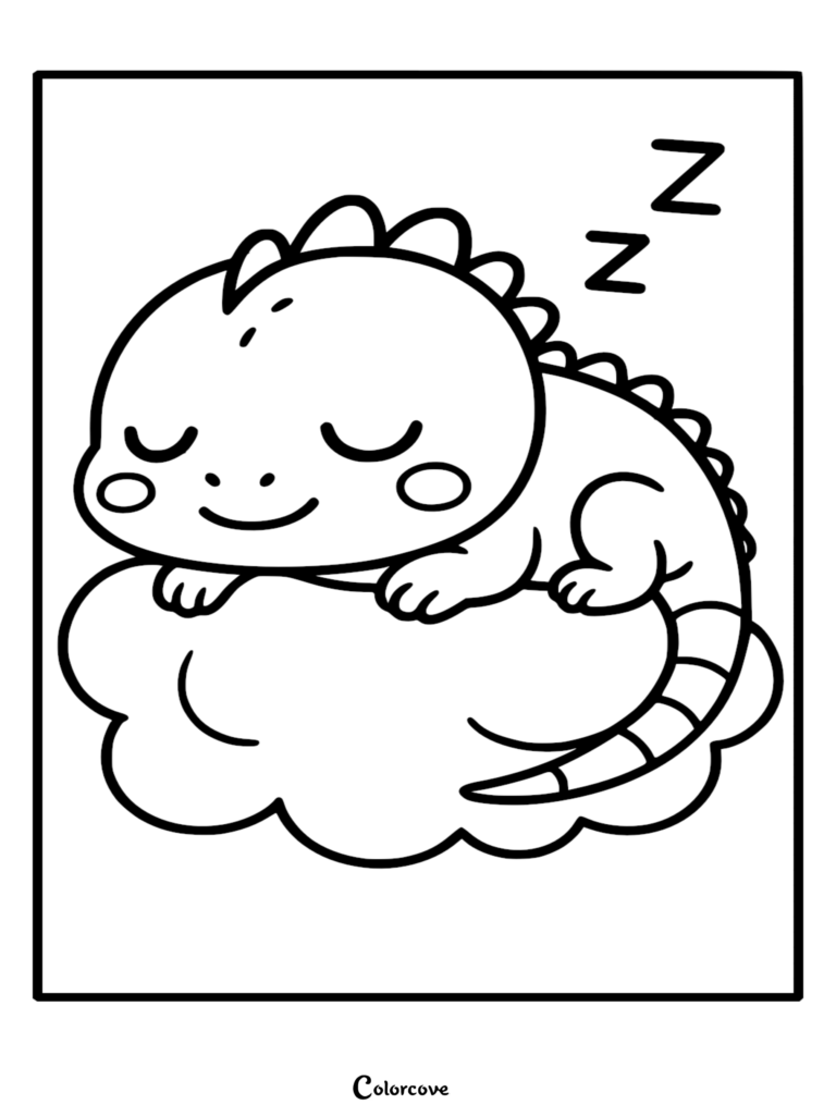 Cute cartoon Fun Iguana with spikes sleeping peacefully on a fluffy cloud, coloring page line art.