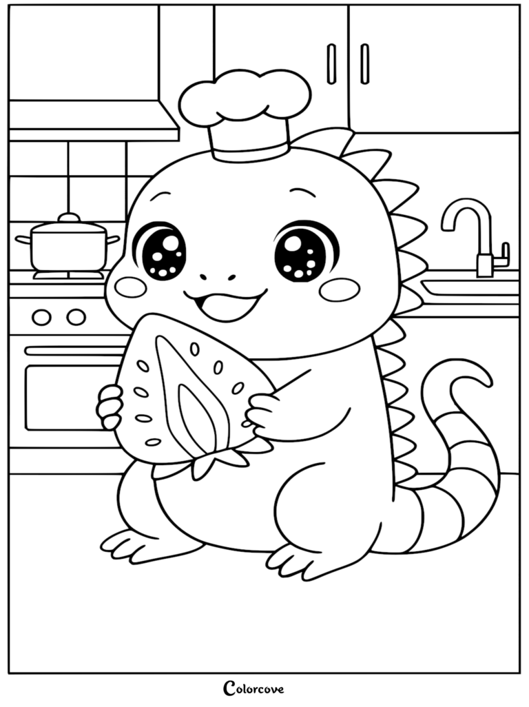 A cute cartoon iguana wearing a chef hat holding a large strawberry in a kitchen, printable coloring page.