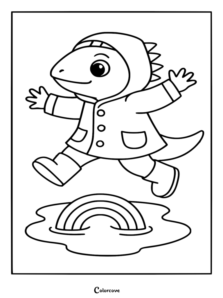 A cute cartoon iguana wearing a raincoat and boots jumping over a rainbow puddle in this printable line art coloring page.