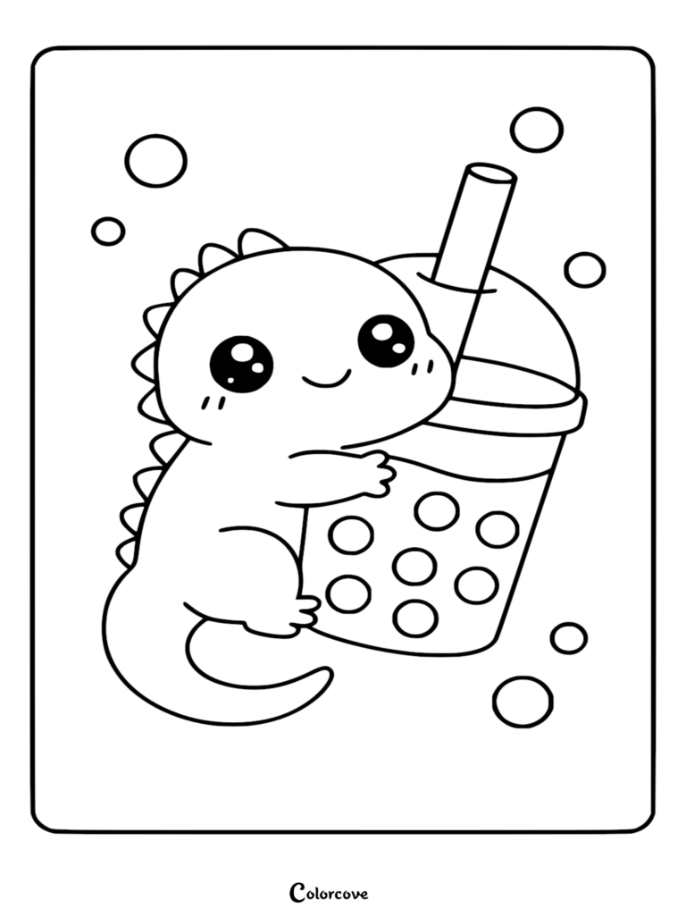 Cute kawaii Fun Iguana hugging a large cup of boba tea with floating bubbles, printable coloring page.