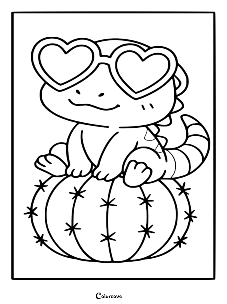 A cute cartoon iguana wearing heart-shaped sunglasses, sitting atop a round, spiky cactus in this printable coloring page.