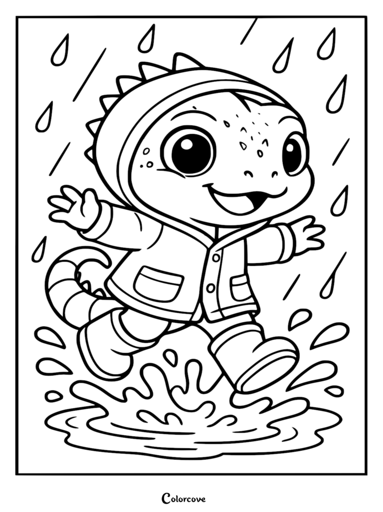 A cute cartoon Fun Iguana wearing a raincoat and boots jumping in a rain puddle, coloring page for kids.