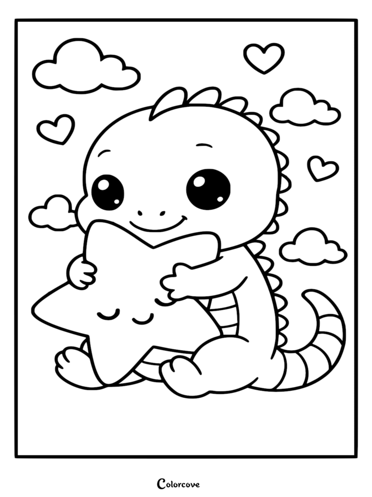 Cute cartoon Fun Iguana with big eyes hugging a smiling star, floating among fluffy clouds and hearts in this printable coloring page.