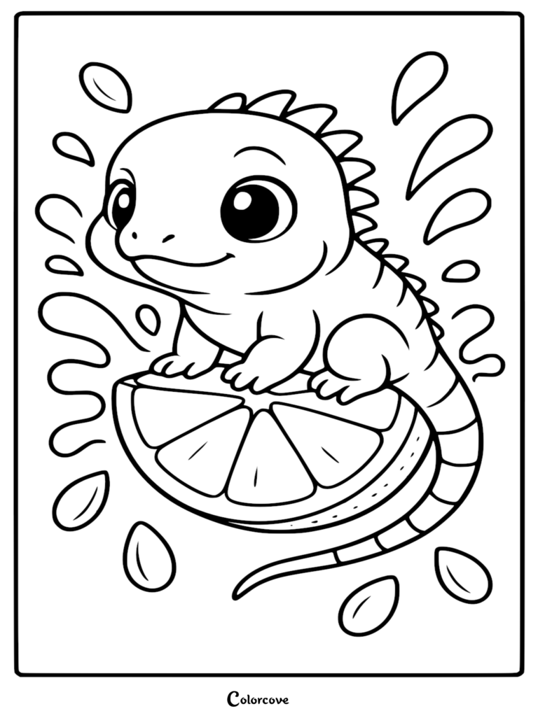 A cute cartoon Fun Iguana sitting on a juicy orange wedge with water droplets flying around it in this printable coloring page.