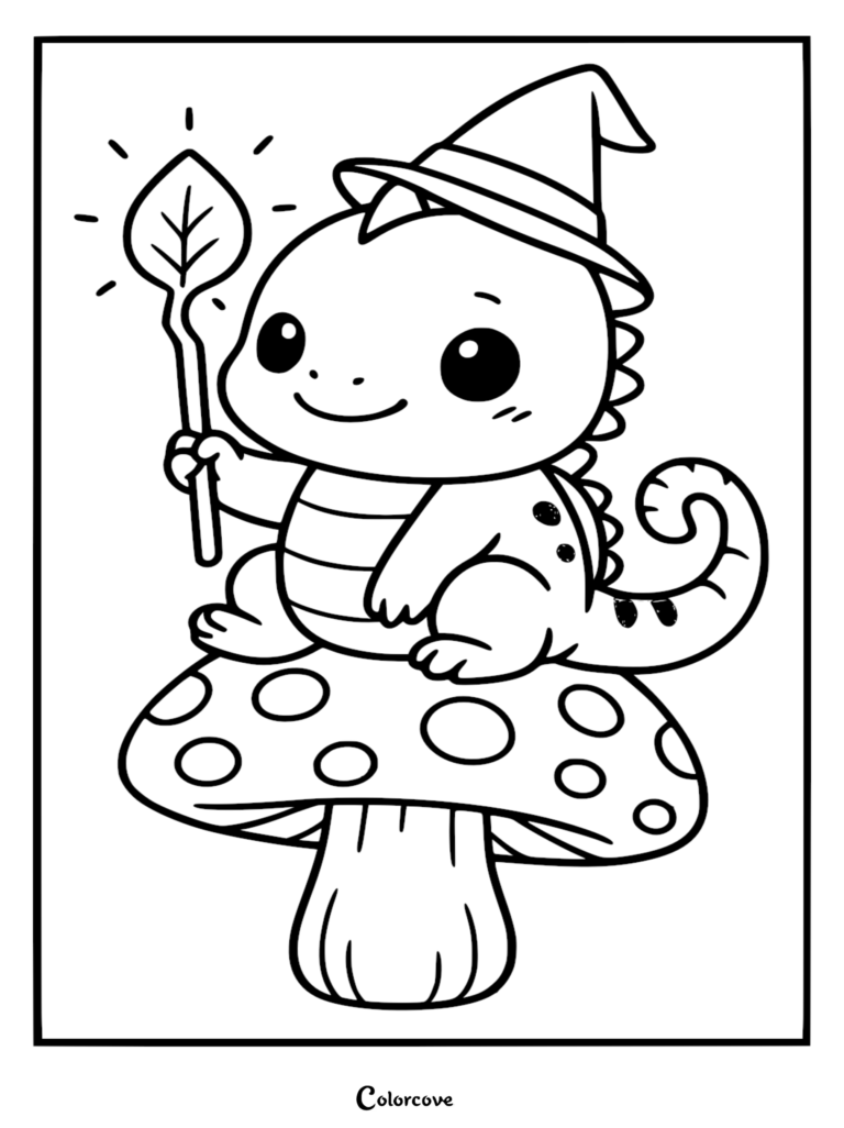 A cute cartoon iguana wearing a wizard hat sitting on a spotted toadstool holding a glowing magic leaf wand, printable coloring page.