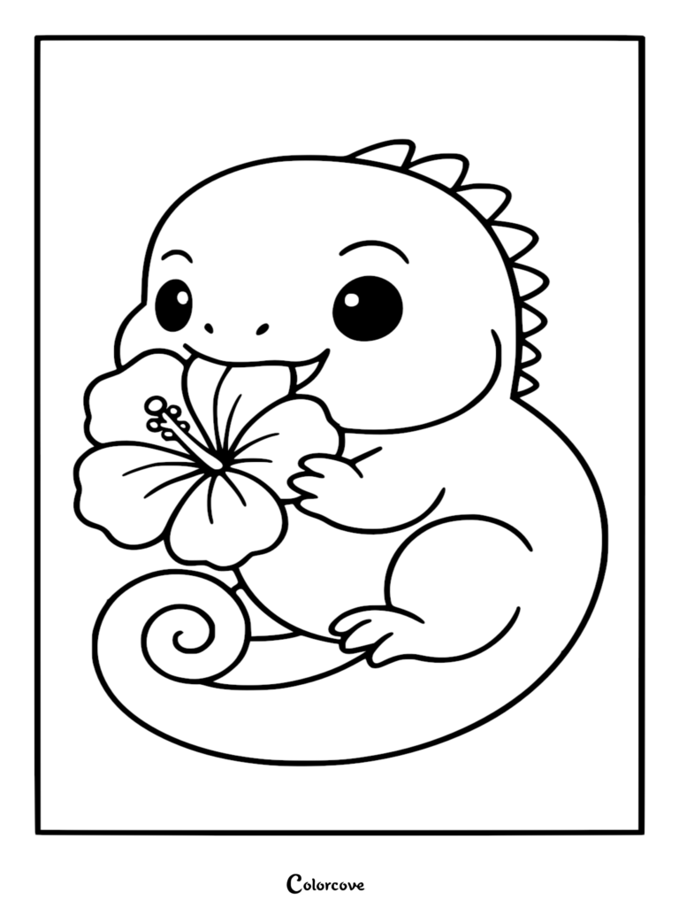 Cute baby Fun Iguana eating a large hibiscus flower, cartoon line art coloring page.