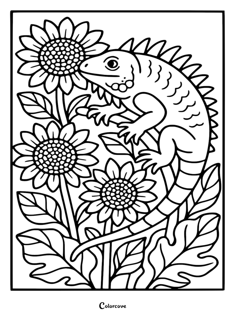 A friendly iguana with spiky crest resting on a branch surrounded by three large sunflowers in this printable coloring page.