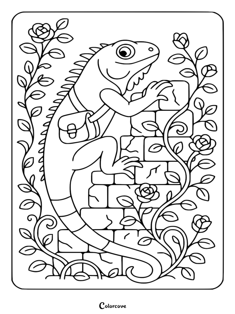An adventurous Fun Iguana wearing a crossbody bag climbing a cracked brick wall framed by climbing rose vines in this detailed line art coloring page.
