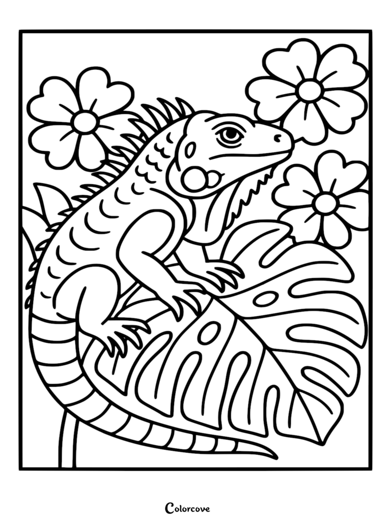 A friendly Fun Iguana perched on a large monstera leaf surrounded by tropical flowers in this printable coloring page.