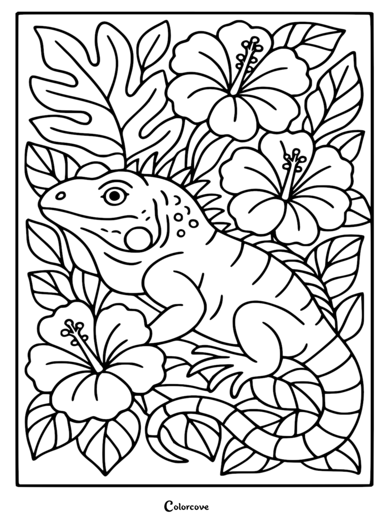 A printable Fun Iguana coloring page featuring a detailed reptile resting among large hibiscus flowers and tropical monstera leaves.