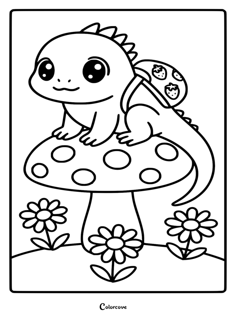 A cute, big-eyed baby iguana wearing a strawberry-patterned backpack, sitting on top of a spotted mushroom in a garden, line art coloring page.