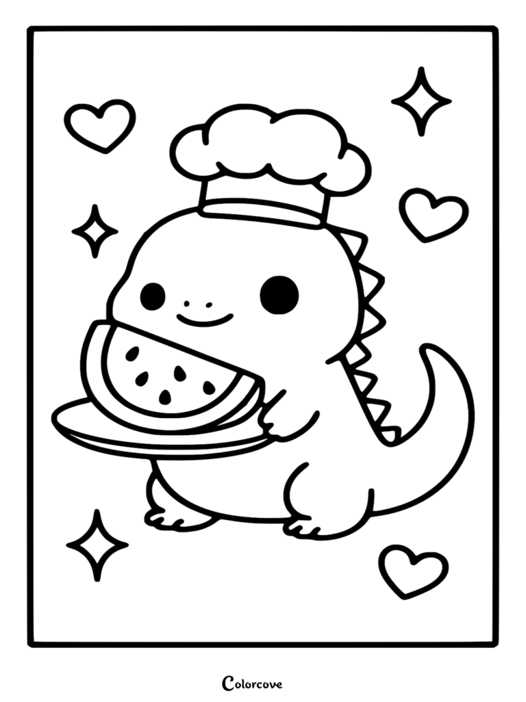 A cute Fun Iguana wearing a chef hat, holding a plate of sliced watermelon, surrounded by hearts and stars in this printable coloring page.