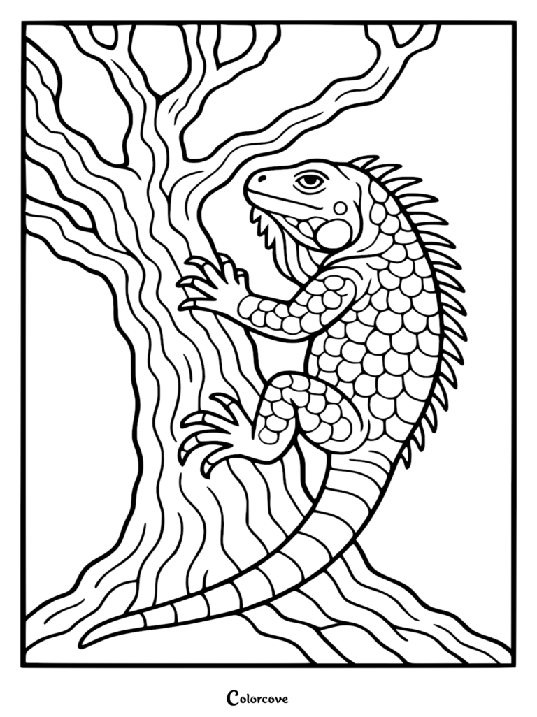 A detailed Fun Iguana with textured scales climbing a twisted tree branch in this printable coloring page.