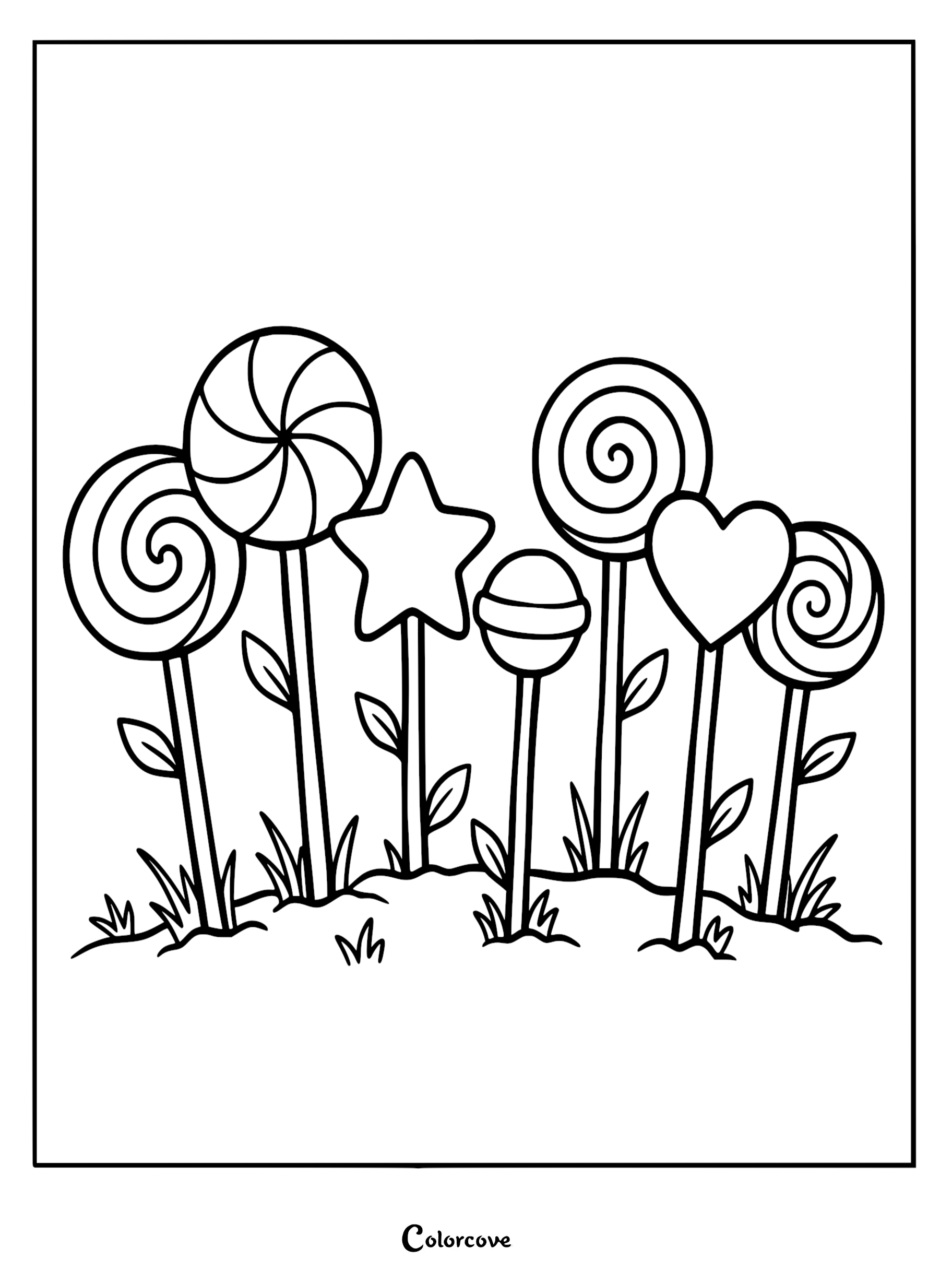 A coloring page featuring a variety of lollipops shaped like swirls, a star, and a heart growing from the ground like flowers.