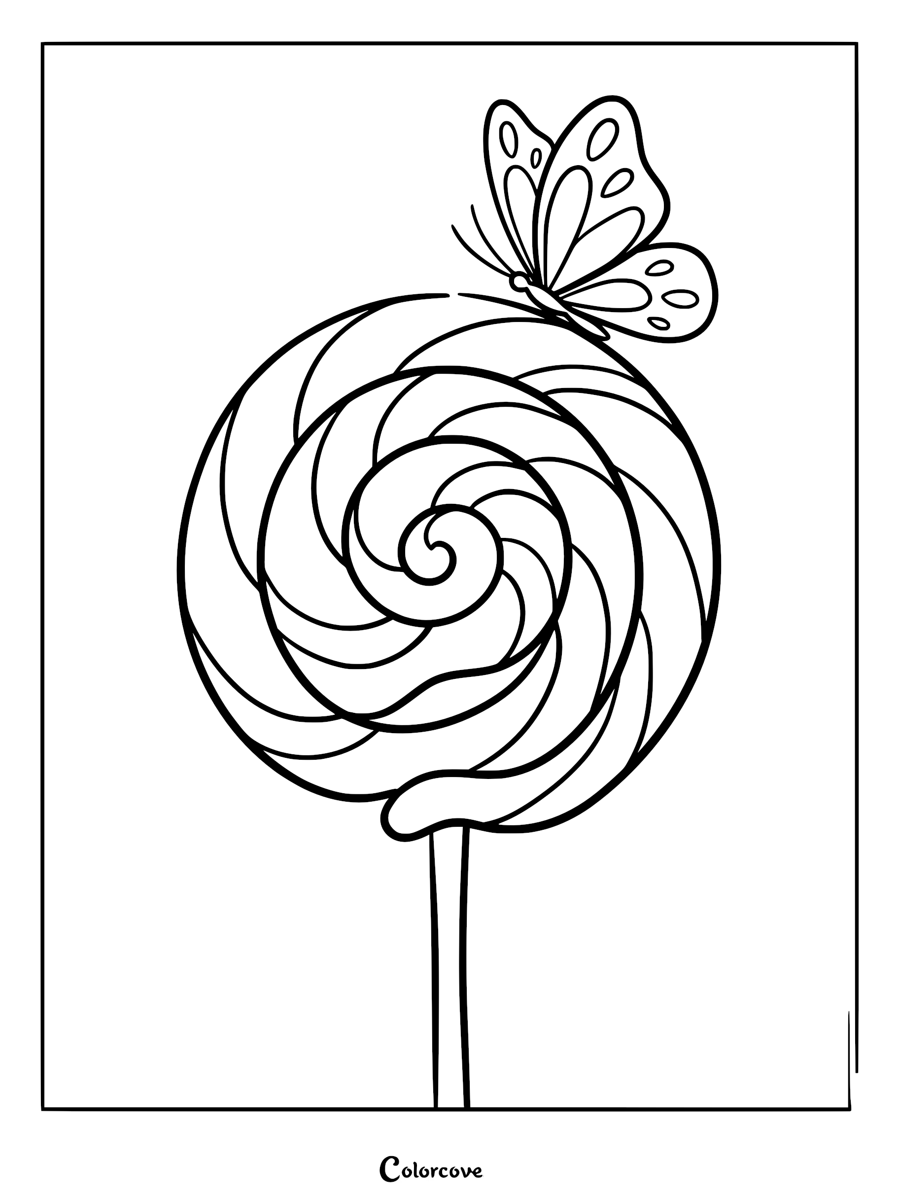 A butterfly perched on top of a swirl lollipop coloring page with bold black outlines.