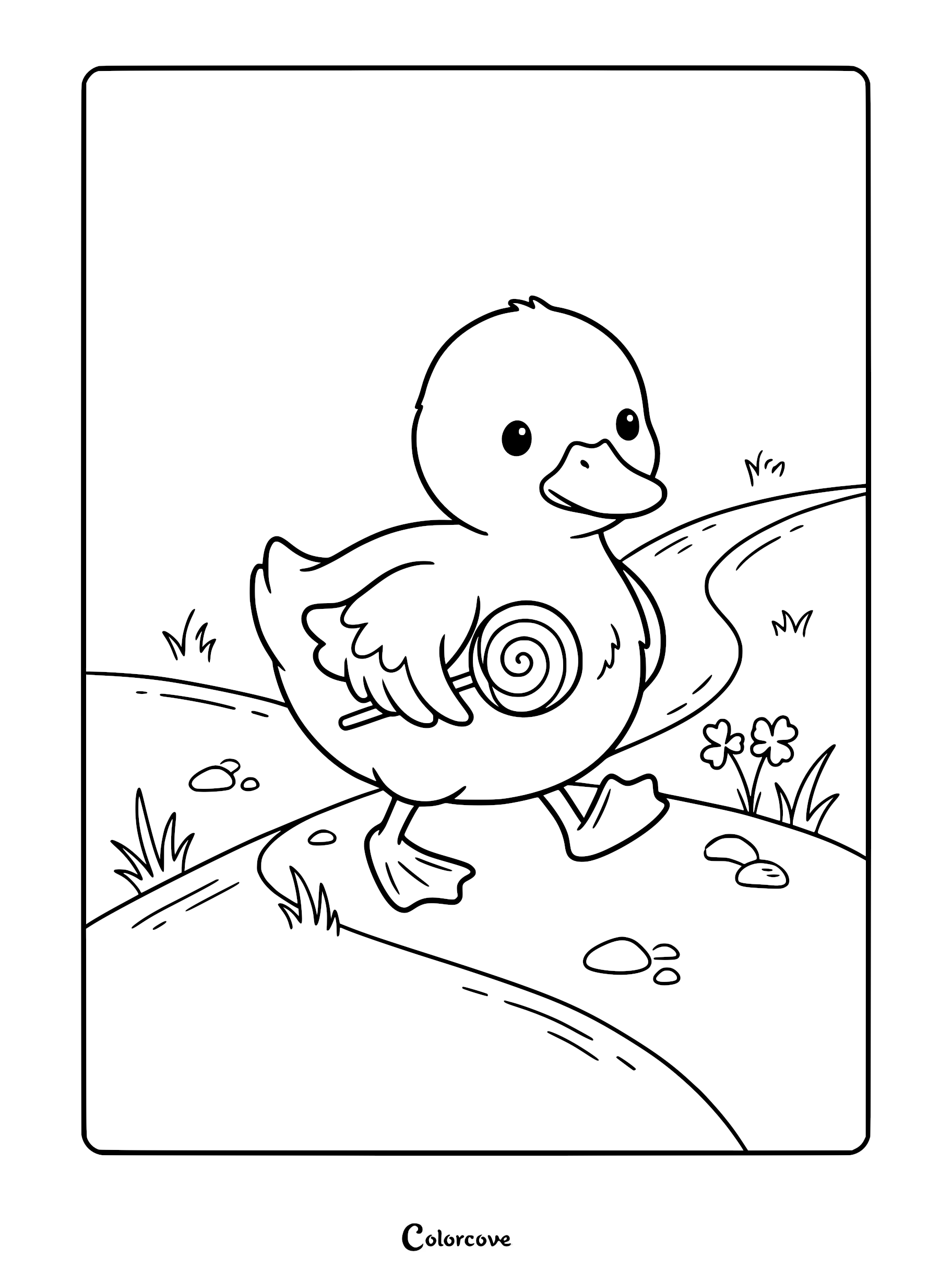 A cute duckling holding a swirl lollipop while walking on a path, printable coloring page.