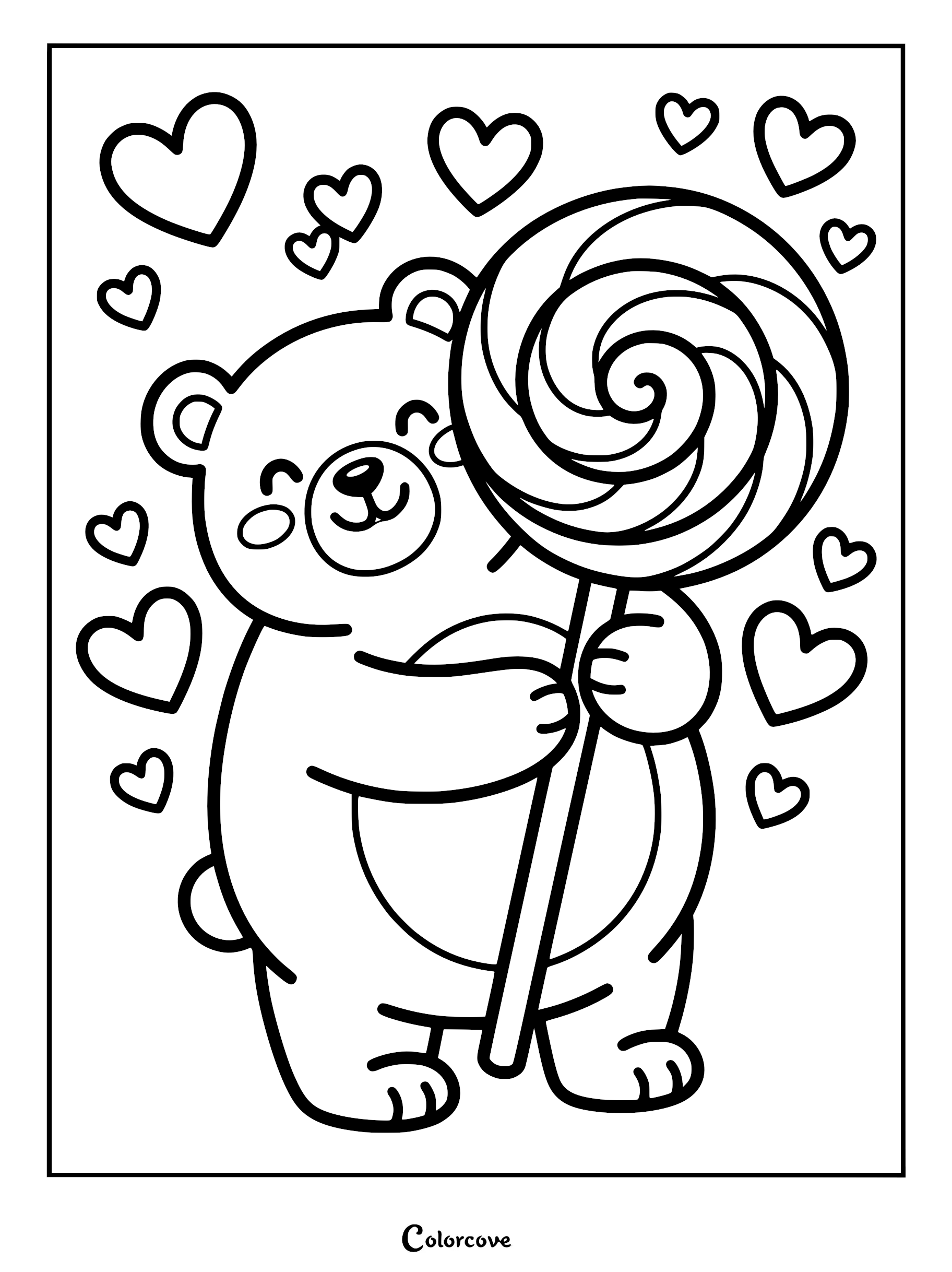 A happy cartoon bear holding a large swirled lollipop surrounded by floating hearts in this printable coloring page.