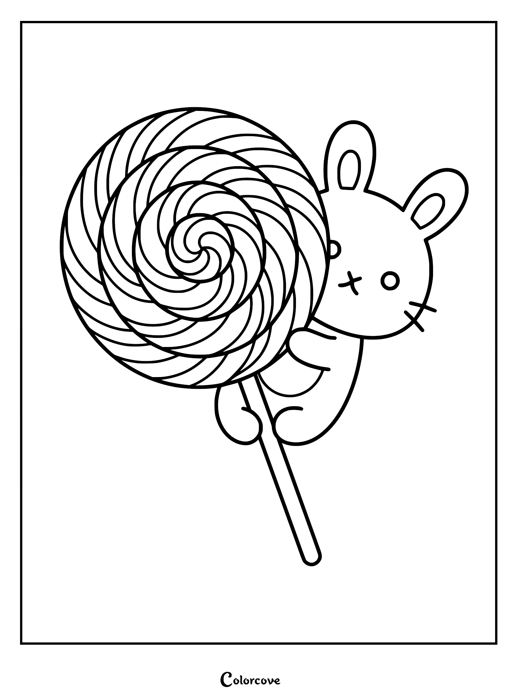 Miffy the rabbit holding a large swirled lollipop in this simple line art coloring page.