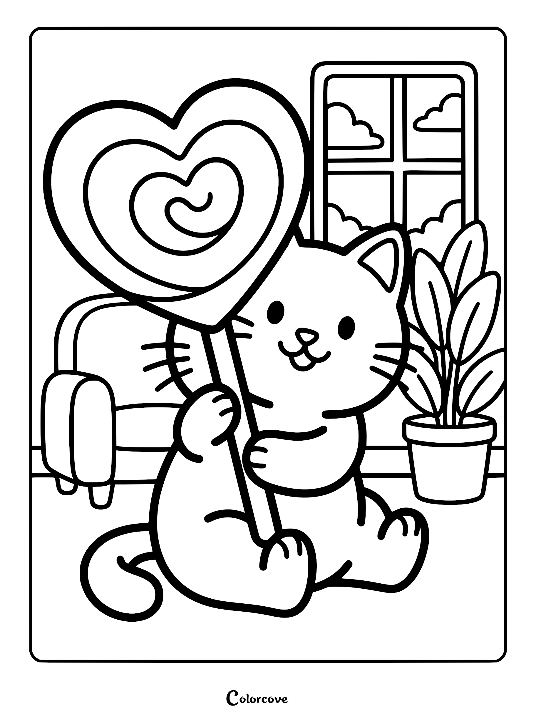 A happy cartoon cat holding a large heart-shaped lollipop, sitting in a room with a potted plant and window, printable coloring page.