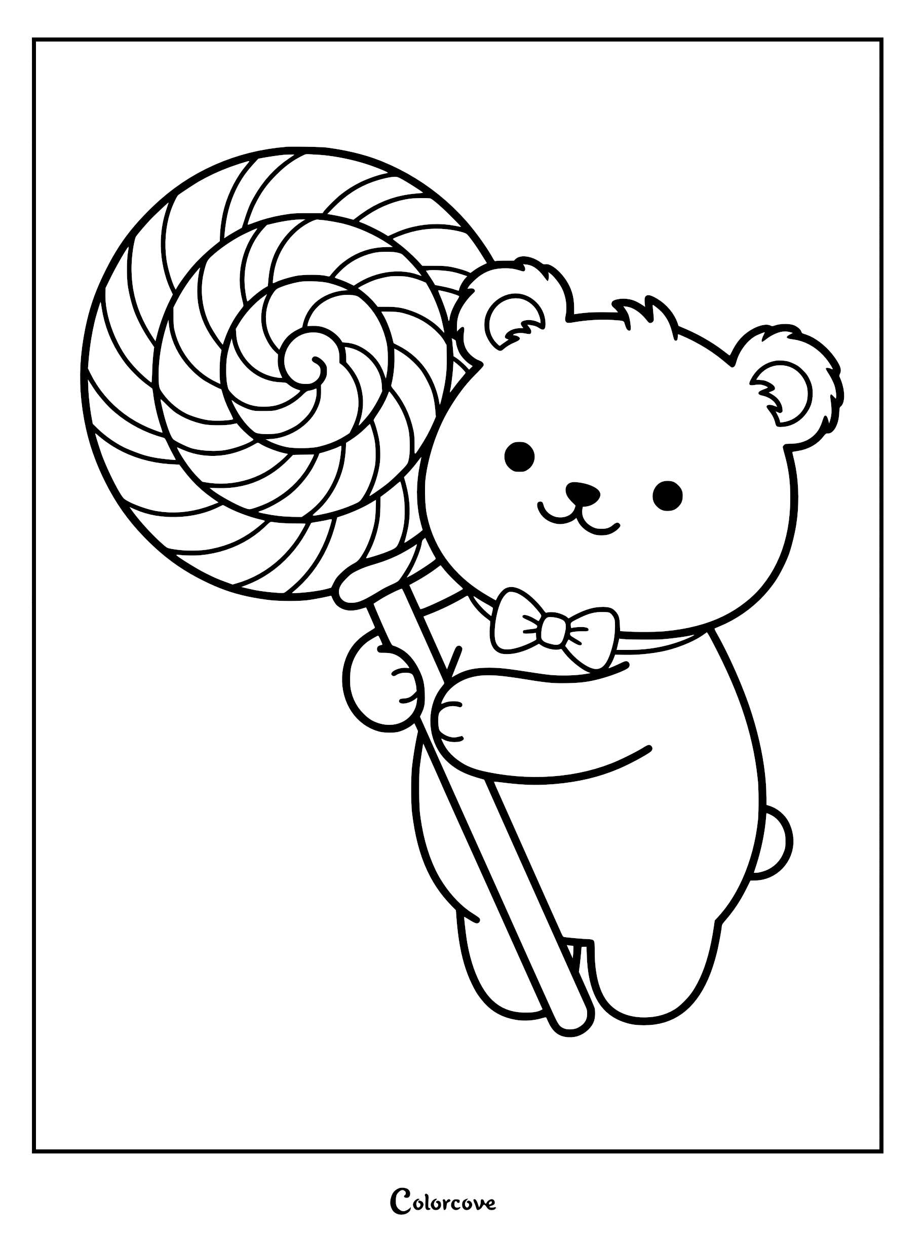 A cute teddy bear wearing a bow tie holding a large swirl lollipop in this printable coloring page.