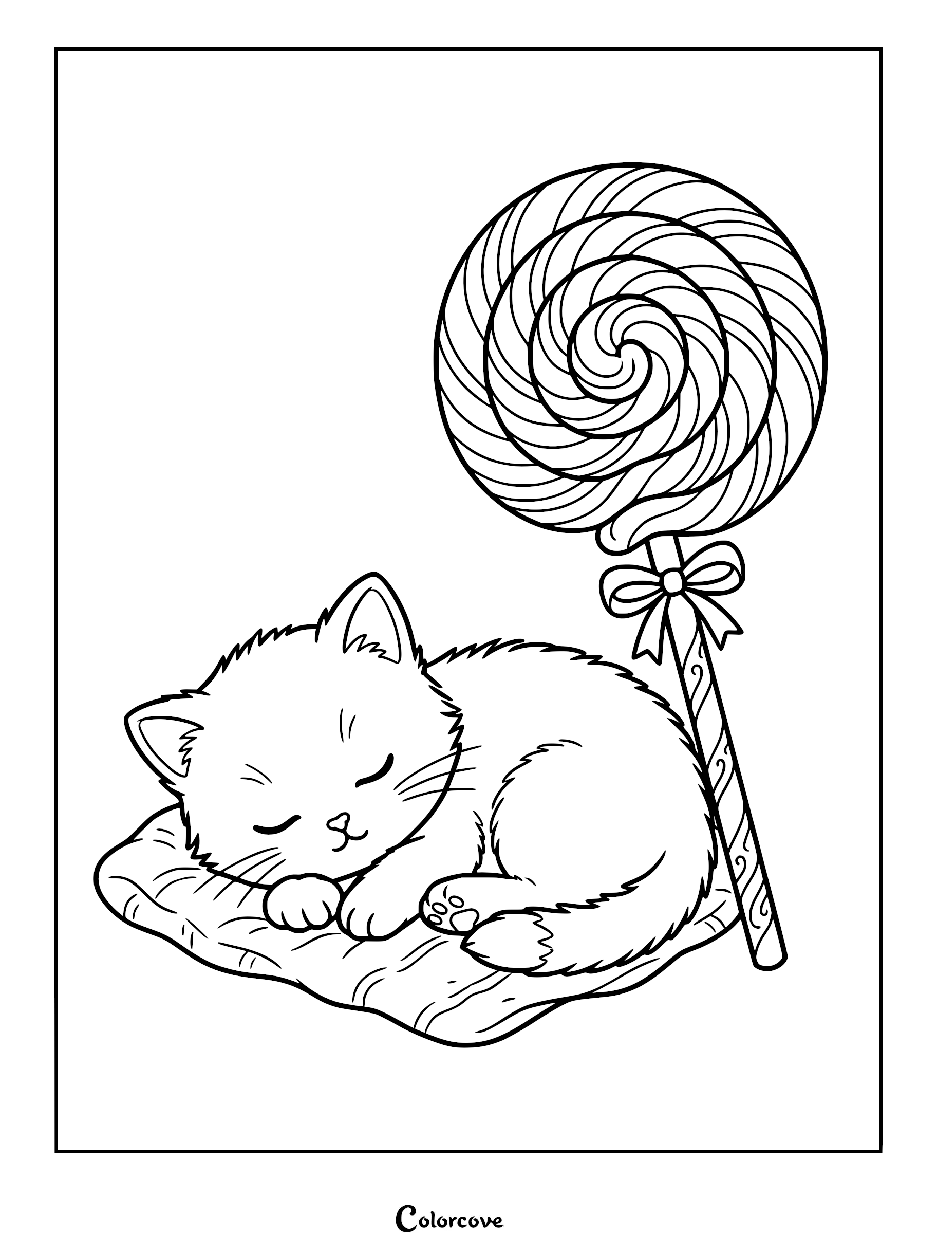 A cute kitten sleeping on a soft pillow next to a large swirled lollipop in this printable coloring page.
