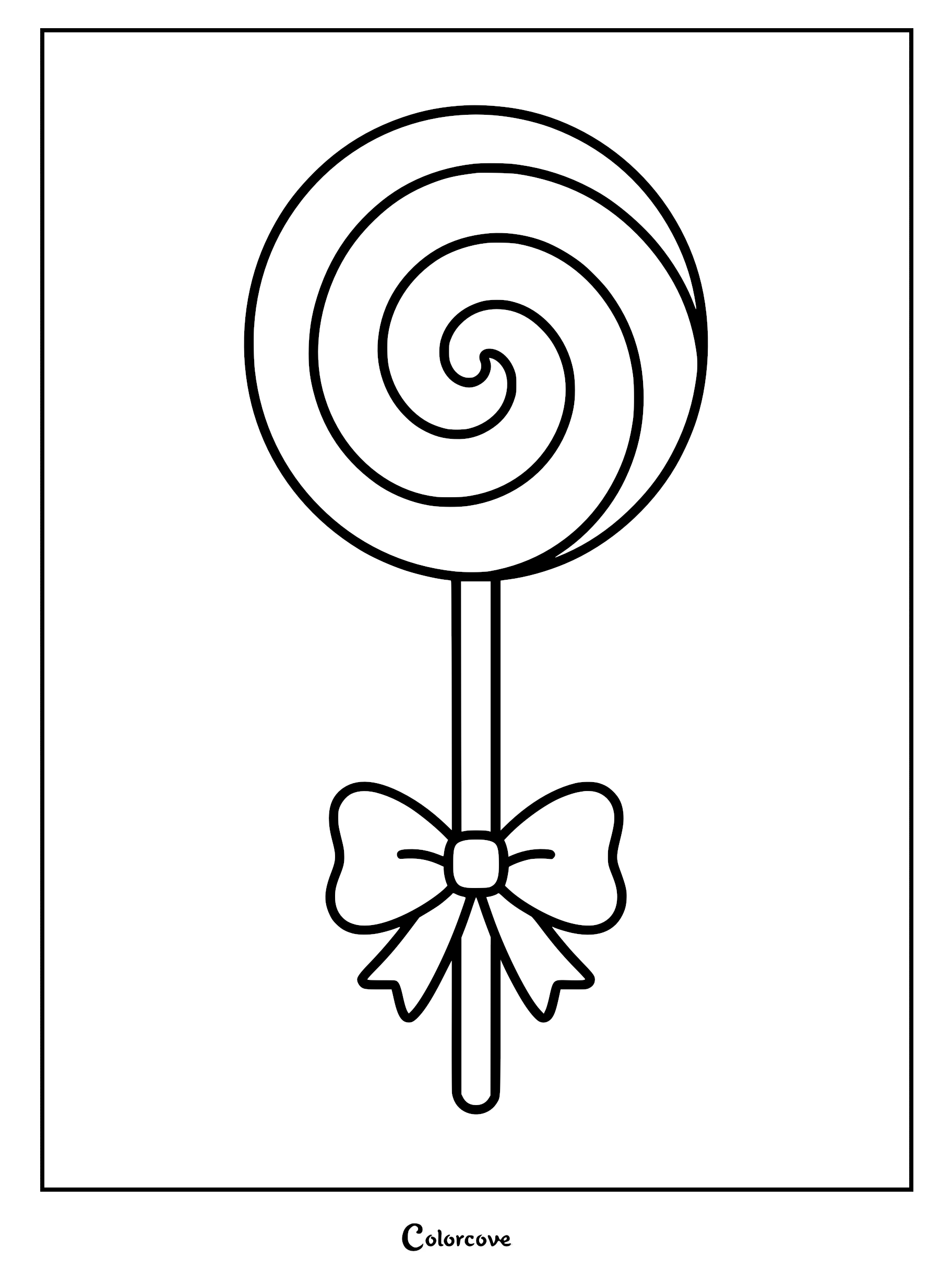 A simple black and white coloring page featuring a round swirled lollipop on a stick decorated with a cute bow.