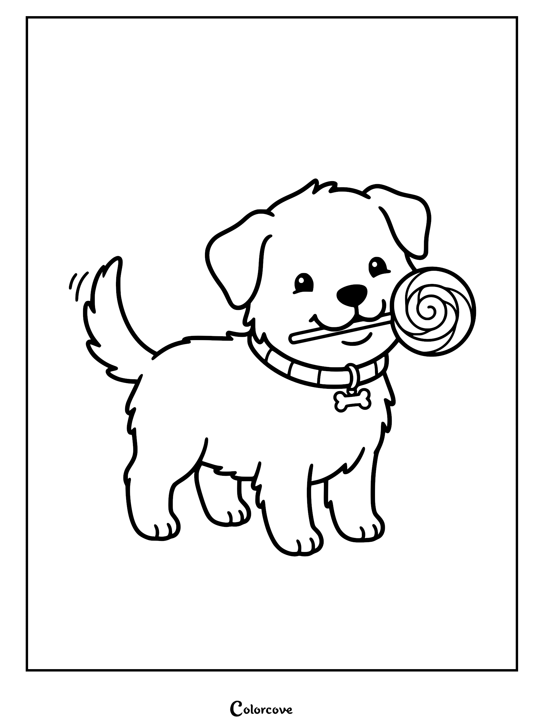 A cute puppy wearing a bone-tag collar holding a swirled lollipop in its mouth, coloring page style line art.