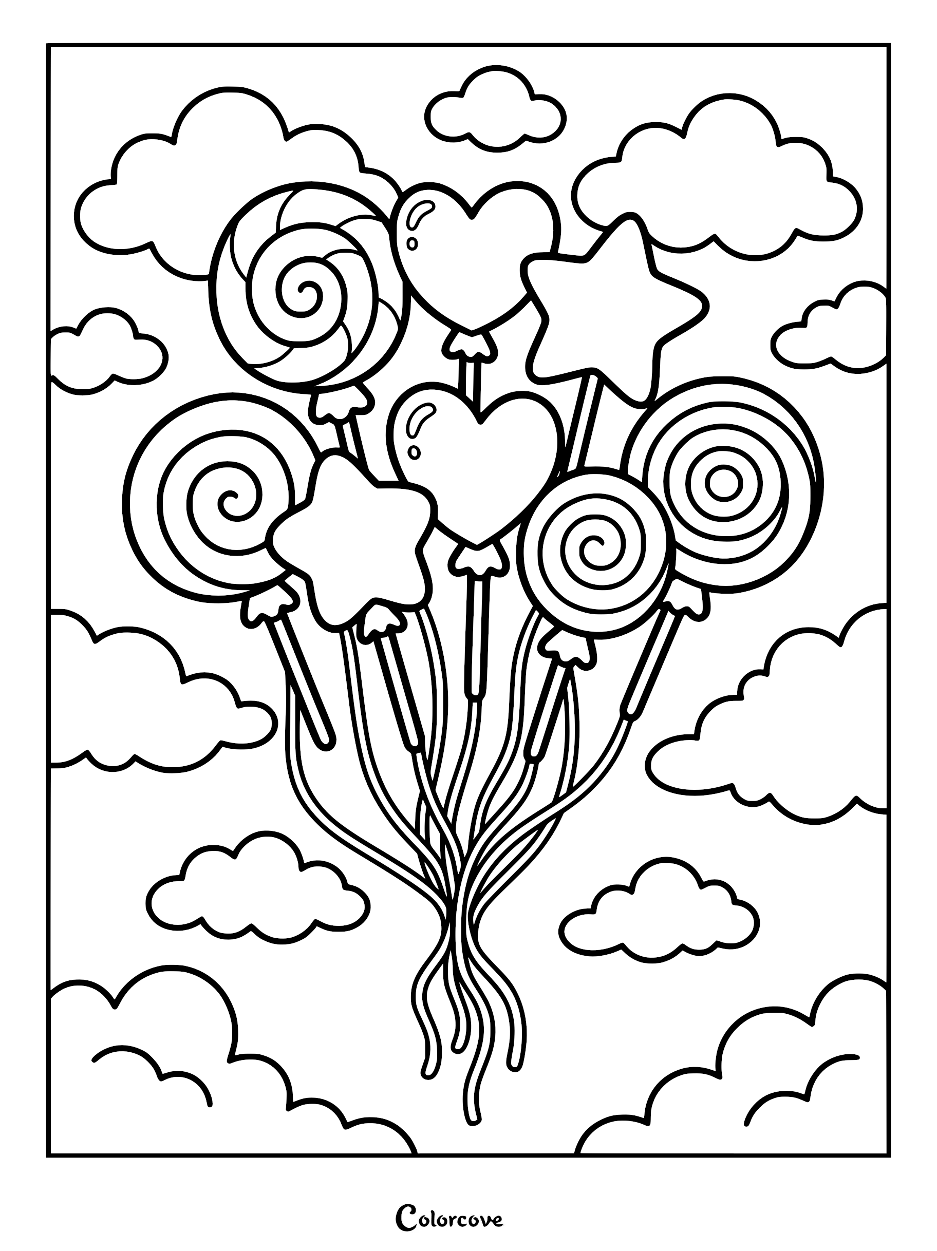 A coloring page featuring a bouquet of lollipops in shapes of swirls, hearts, and stars floating among fluffy clouds.