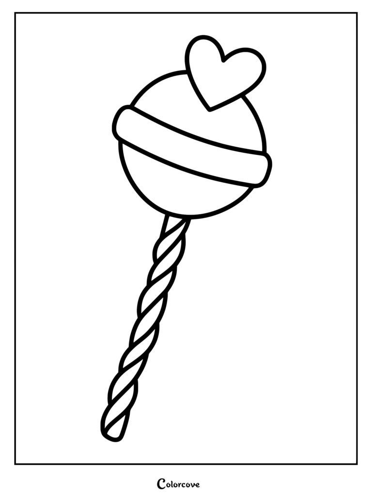 A simple coloring page featuring a round lollipop with a heart topper and a twisted stick.