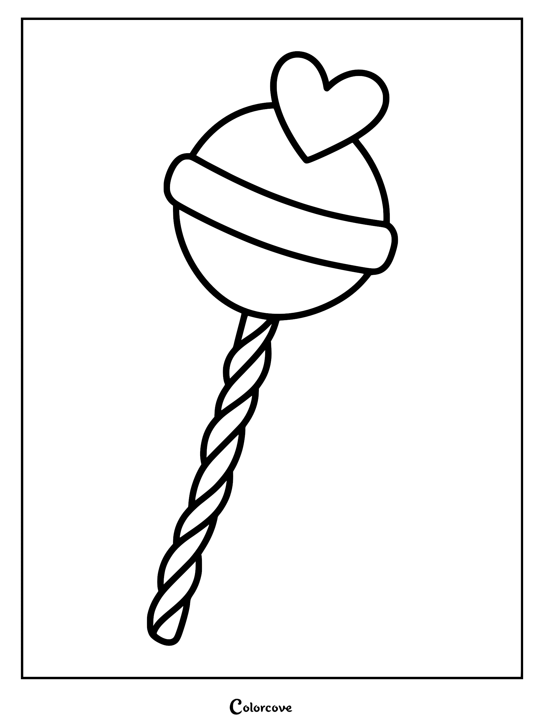 A simple coloring page featuring a round lollipop with a heart topper and a twisted stick.