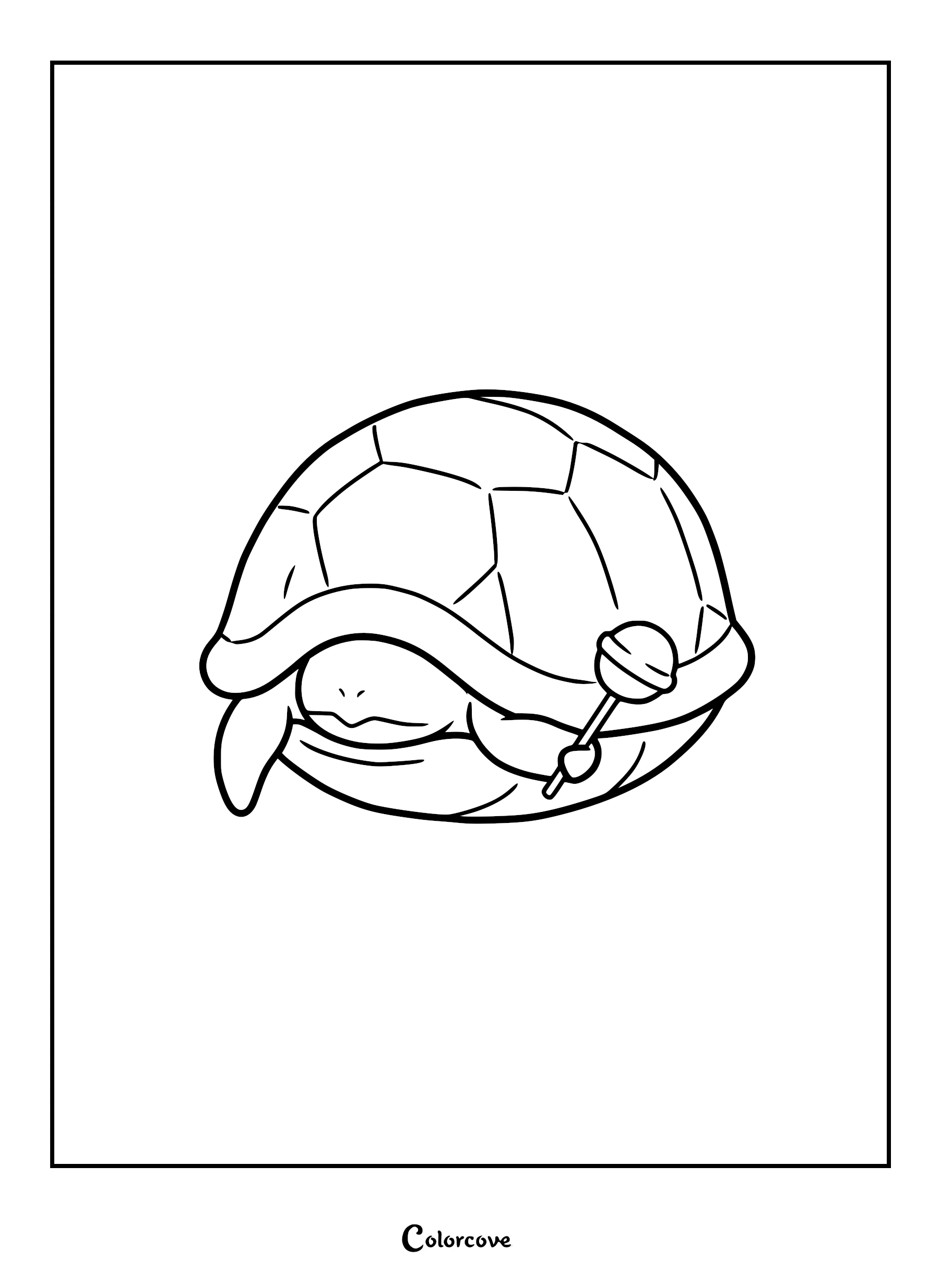 A cute turtle hiding inside its shell while holding a small round lollipop, printable coloring page.