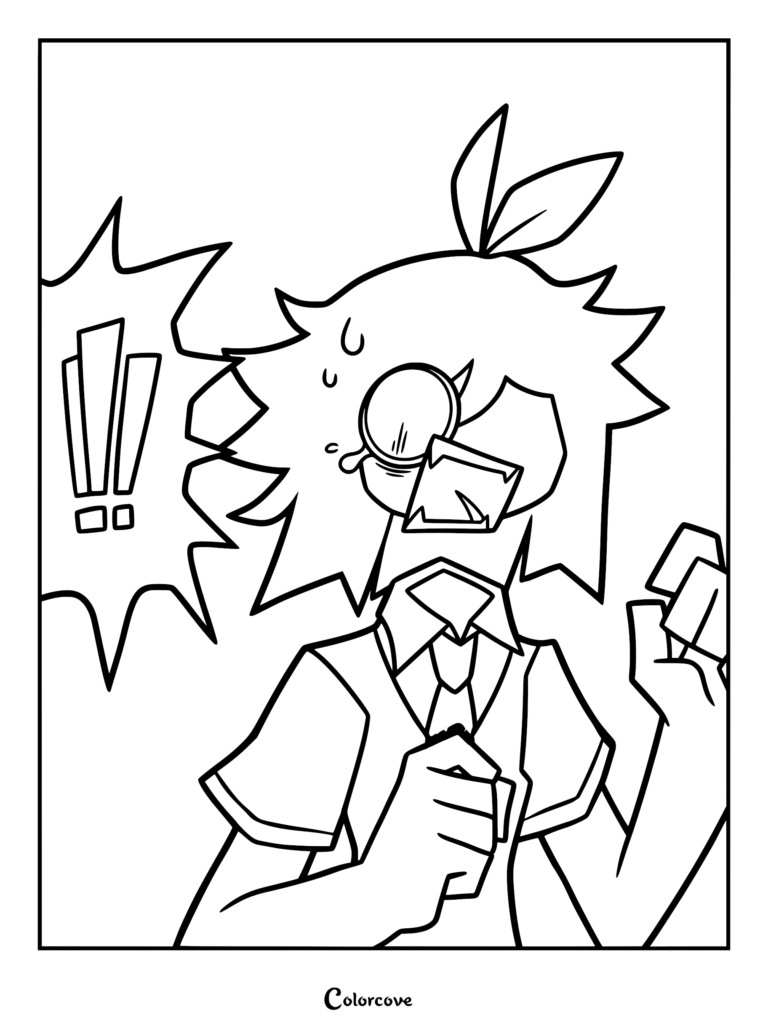 A printable coloring page featuring Abbie from Fundamental Paper Education looking nervous with a sweat drop and an exclamation mark speech bubble.