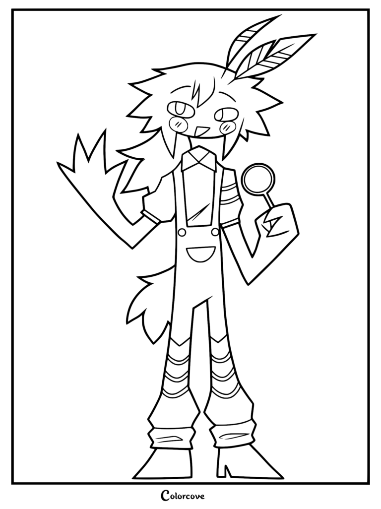 Engel from Fundamental Paper Education holding a magnifying glass in this printable coloring page.
