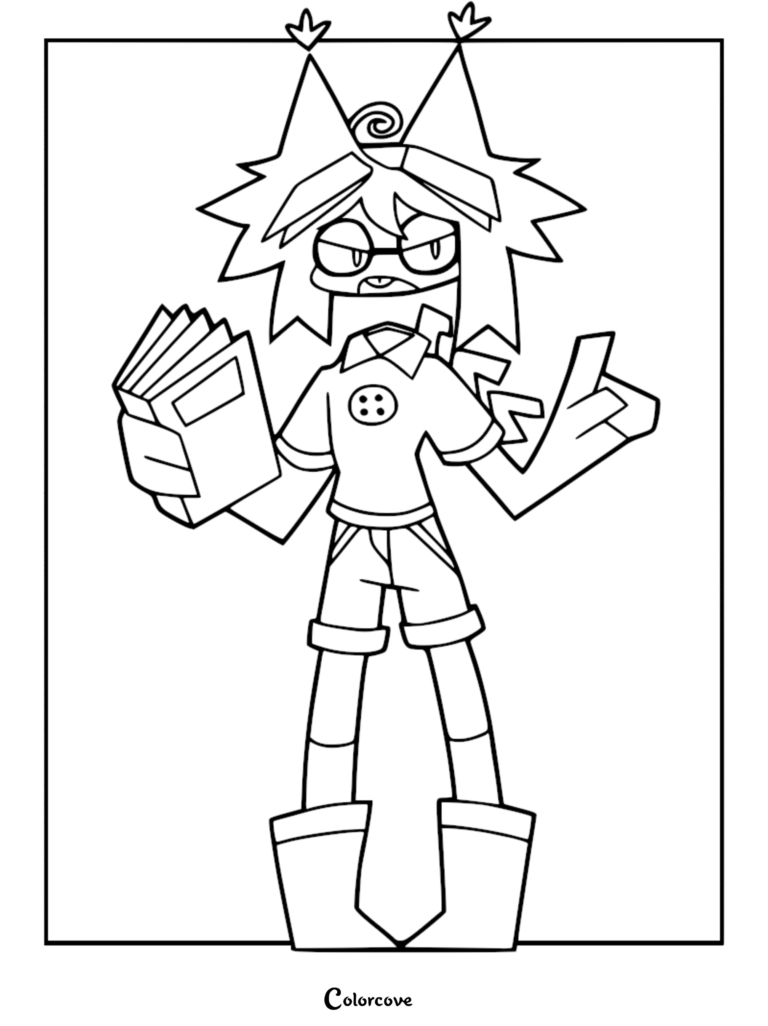 A black and white line art coloring page of Kevin from Fundamental Paper Education holding a book and gesturing with his hand.