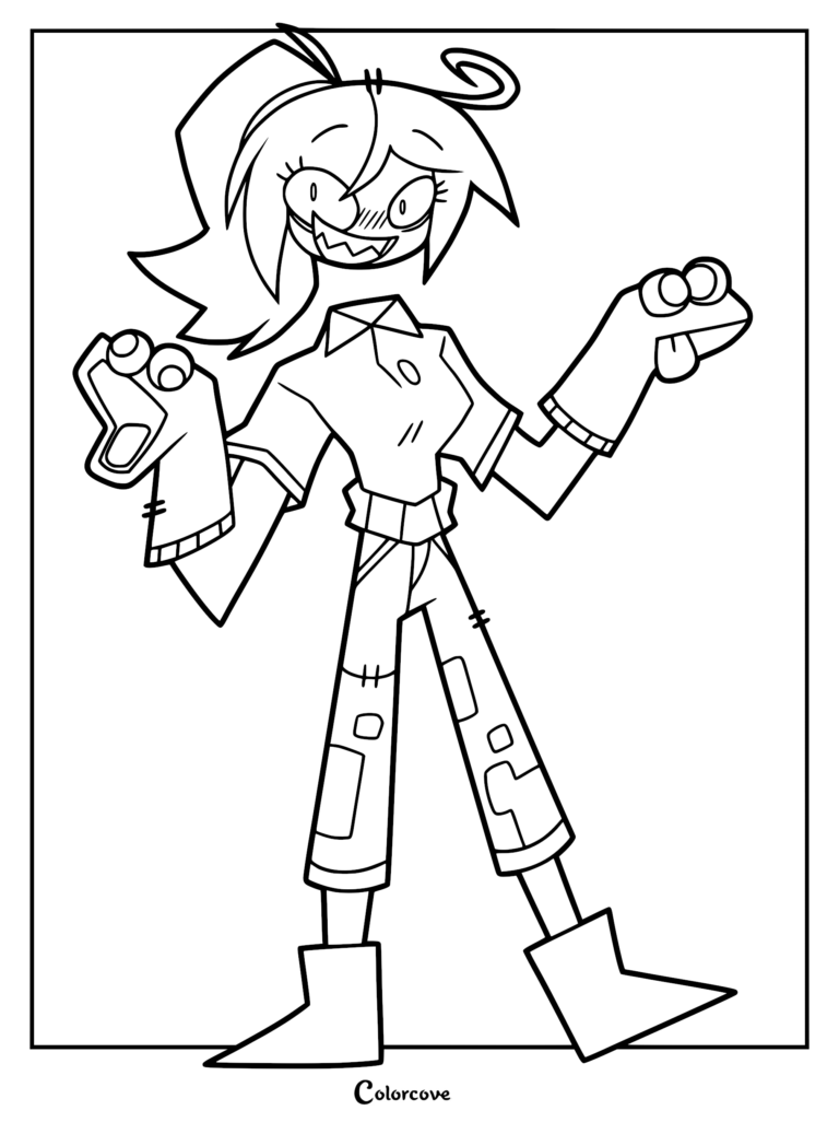 Lana from Fundamental Paper Education standing in a pose with her hands up, featured in a clean line art coloring page style.