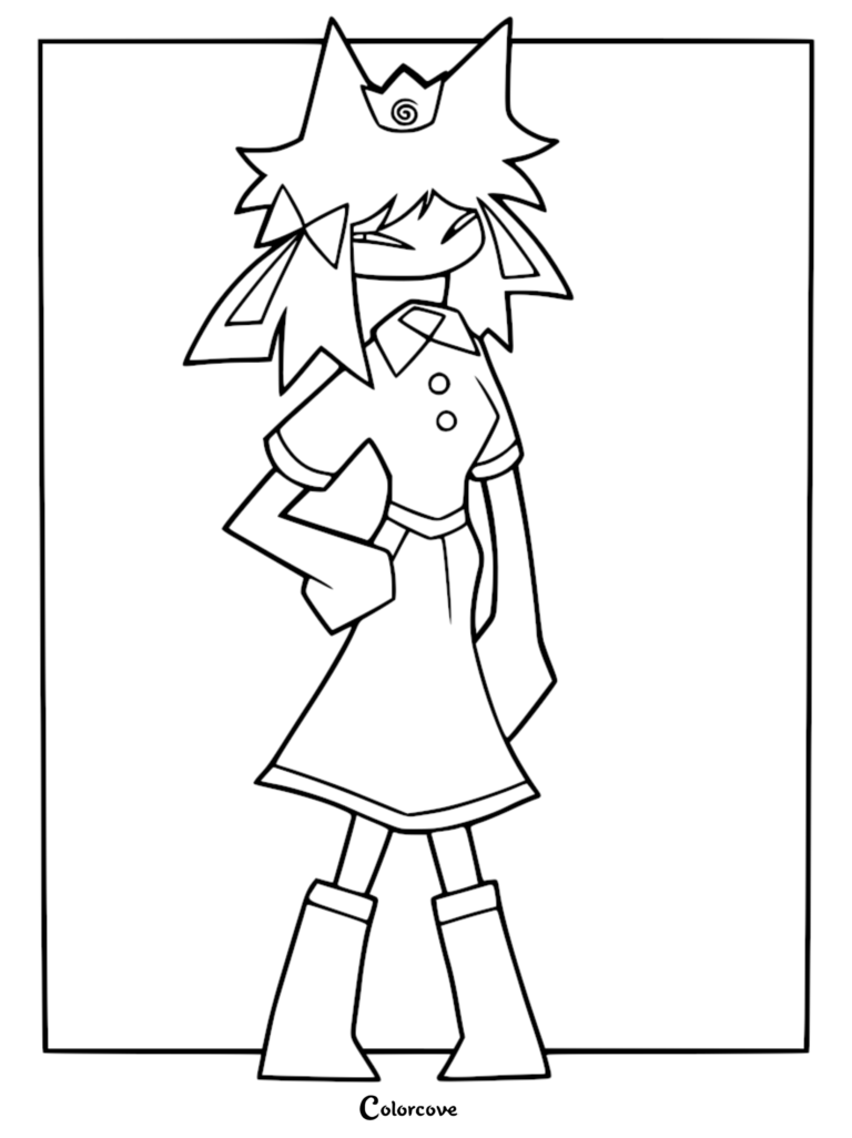 A clean line art coloring page of Lizzy from Fundamental Paper Education, featuring her signature spiky hair, crown accessory, and school uniform.