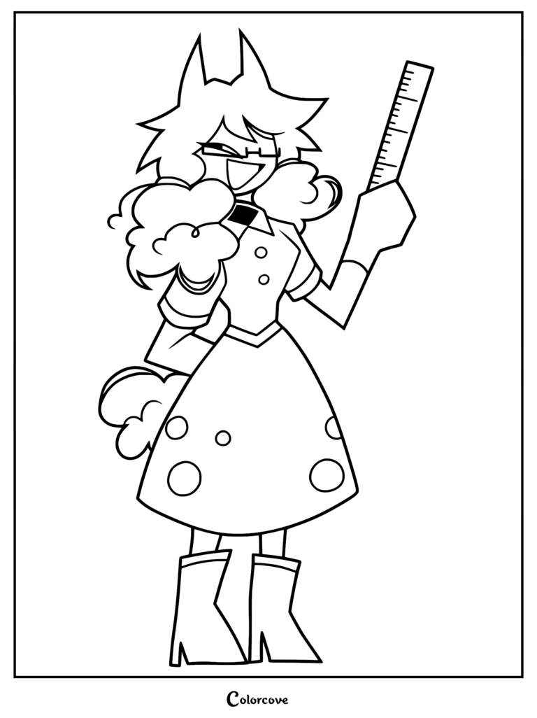 Miss Emily from Fundamental Paper Education holding a ruler in a black and white line art coloring page style.